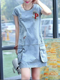 Blue Above Knee Plus Size Denim Shift Dress for Casual Party