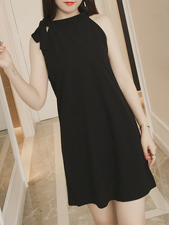 Black Above Knee Shift Halter Dress for Casual Party Evening