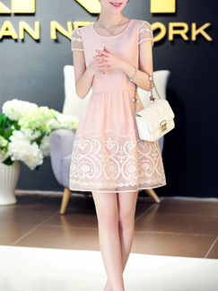 Pink Cute Above Knee Fit & Flare Plus Size Lace Dress for Casual Party Evening