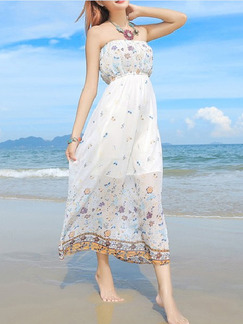White Colorful Midi Strapless Dress for Casual Beach