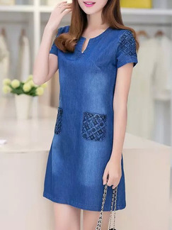 Blue Shift Above Knee Plus Size V Neck Denim Dress for Casual Party