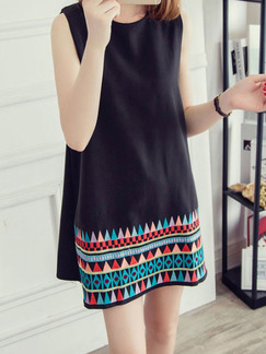 Black Colorful Above Knee Plus Size Shift Dress for Casual