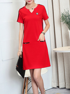 Red Above Knee Shift V Neck Dress for Casual Party Office