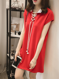 Red White Above Knee Shift Shirt Plus Size Dress for Casual Party