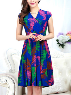 Blue Green Colorful Above Knee V Neck Fit & Flare Plus Size Dress for Casual Party Evening