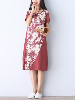 White Red Knee Length Shift Floral Plus Size Dress for Casual