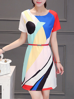 Blue Red Colorful Above Knee Shift Dress for Casual Party Office
