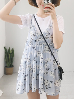 Blue White Two Piece Above Knee Slip Shift V Neck Floral Dress for Casual Beach