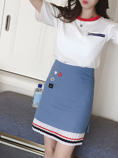 White Blue Colorful Two Piece Above Knee Dress for Casual Office