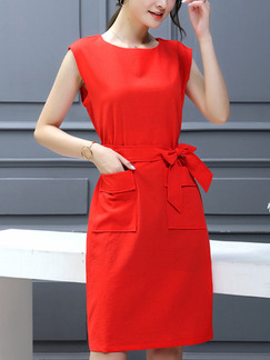 Red Above Knee Shift Dress for Casual Office Party