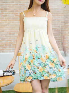 White Yellow Colorful Above Knee Floral Slip Dress for Casual Beach