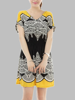 Yellow White Black Above Knee V Neck Dress for Casual