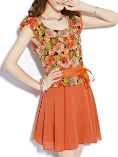 Orange Green Colorful Above Knee Plus Size Fit & Flare Floral Dress for Casual Party