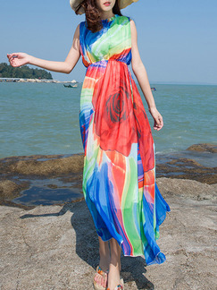 Red Blue Colorful Maxi Floral Dress for Casual Beach