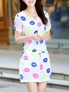 White Colorful Above Knee Fit & Flare Dress for Casual