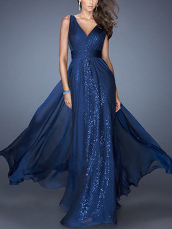 Blue Maxi V Neck Plus Size Dress for Evening Cocktail Prom Ball