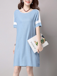 Blue White Above Knee Plus Size Shift Dress for Casual