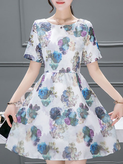 White Colorful Above Knee Fit & Flare Floral Plus Size Dress for Casual Party Evening