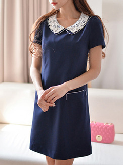White Blue Above Knee Plus Size Shirt Shift Lace Dress for Casual Party Office
