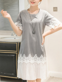 Grey White Knee Length Shift Plus Size Lace Dress for Casual Party