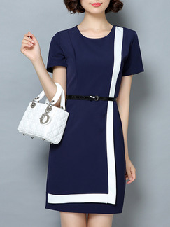 Blue White Shift Above Knee Plus Size Dress for Casual Party Office Evening