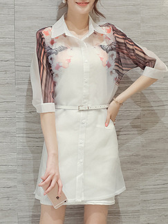 White Brown Colorful Two Piece Shift Above Knee Plus Size Shirt Dress for Casual Party Evening Office