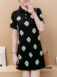 Black White Above Knee Plus Size Shift Shirt Floral Dress for Casual