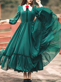 Green Bubble Sleeve Contrast Linking Pleated Maxi Fit & Flare Plus Size Long Sleeve Dress for Party Evening Cocktail Ball