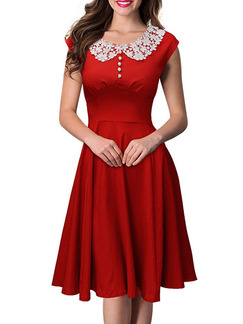 Red White Knee Length Fit & Flare Lace Dress for Casual Party Evening