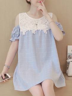 White Blue Above Knee Plus Size Shift Lace Dress for Casual