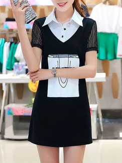 Black White Above Knee Plus Size Shirt Shift Dress for Casual Party Office