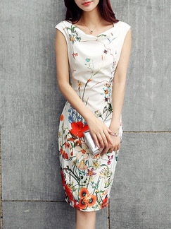 White Red Colorful Knee Length Bodycon Floral Dress for Party Evening Cocktail