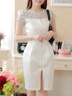 White Knee Length Lace Floral Dress for Casual Office Party