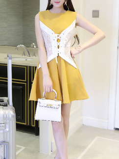 Yellow White Above Knee Fit & Flare Lace Dress for Party Cocktail Evening