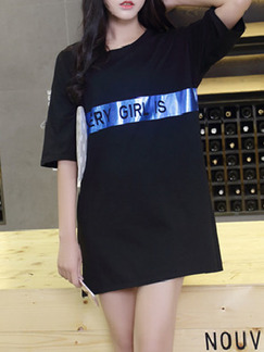 Black Blue T-Shirt Above Knee Shift Dress for Casual