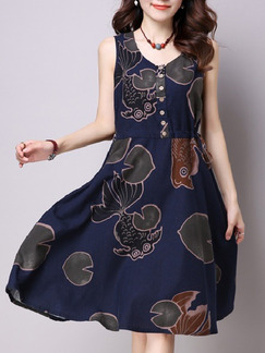 Blue Brown Colorful Knee Length Fit & Flare Plus Size Dress for Casual