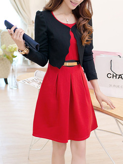 Red Black Two Piece Above Knee Fit & Flare Plus Size Dress for Casual Party Office Evening Cocktail