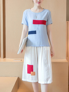 White Blue Colorful Two Piece Shirt Shorts Jumpsuit for Casual