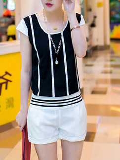 Black White Two Piece Shirt Shorts Plus Size Jumpsuit for Casual Party Office