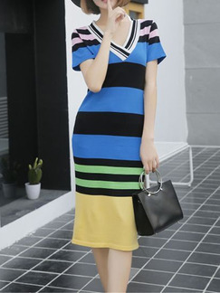 Blue Black Colorful Stripe Knee Length Bodycon V Neck Dress for Casual Party