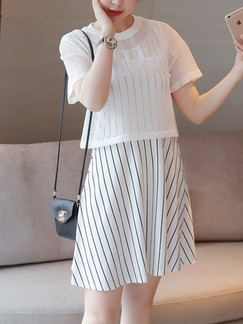 White Black Stripe Two Piece Above Knee Shift Plus Size Dress for Casual Party