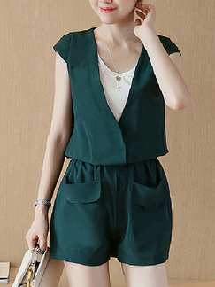 White Green Two Piece Shirt Shorts V Neck Plus Size Jumpsuit for Casual Office