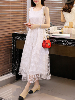 White Maxi Fit & Flare Floral Lace Plus Size Dress for Casual Party Evening