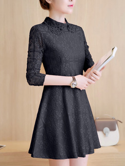 Black Above Knee Fit & Flare Plus Size Long Sleeve Shirt Lace Dress for Party Office Evening Cocktail