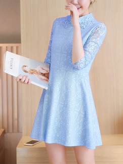 Blue Above Knee Fit & Flare Plus Size Long Sleeve Shirt Lace Dress for Party Office Evening Cocktail