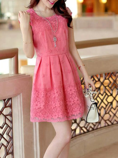Pink Cute Fit & Flare Plus Size Above Knee Lace Dress for Casual Evening Party
 On Sale