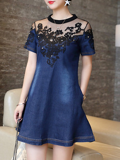 Blue Black Shift T-Shirt Denim Above Knee Plus Size Lace Dress for Casual Party