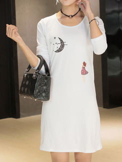 White Shift Above Knee T-Shirt Long Sleeve Dress for Casual