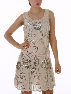 Beige Shift Floral Sequin Above Knee Dress for Party Evening Cocktail