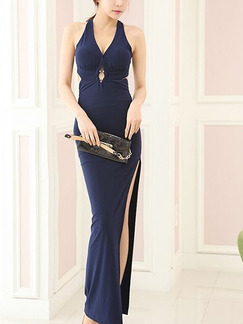 Blue Maxi Halter V Neck Backless Gown Dress for Cocktail Evening Prom